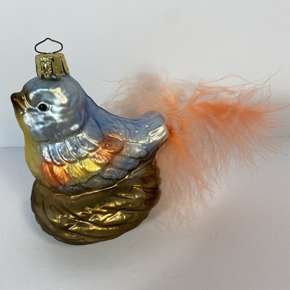Vintage Christborn Germany Glass Bird Ornament Feather Tail Original Box Boho